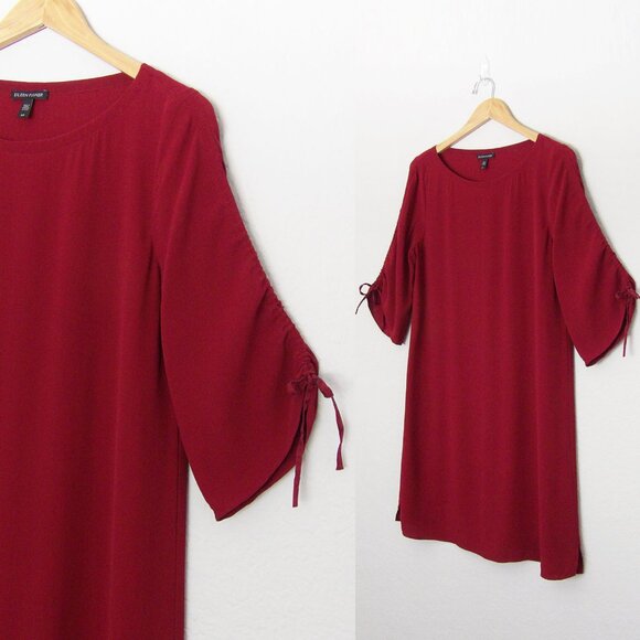 Eileen Fisher 100% Silk Ruched Sleeve Shift Dress In Dark Tulip S Burgundy $378 - Picture 10 of 15